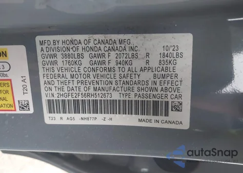 2024 Honda Civic Sport из США, поврежденный, VIN 2HGFE2F56RH512673